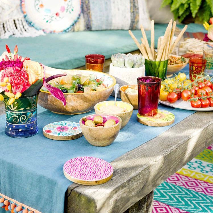 posa vasos de madera de mango estampado estilo fiesta mejicana