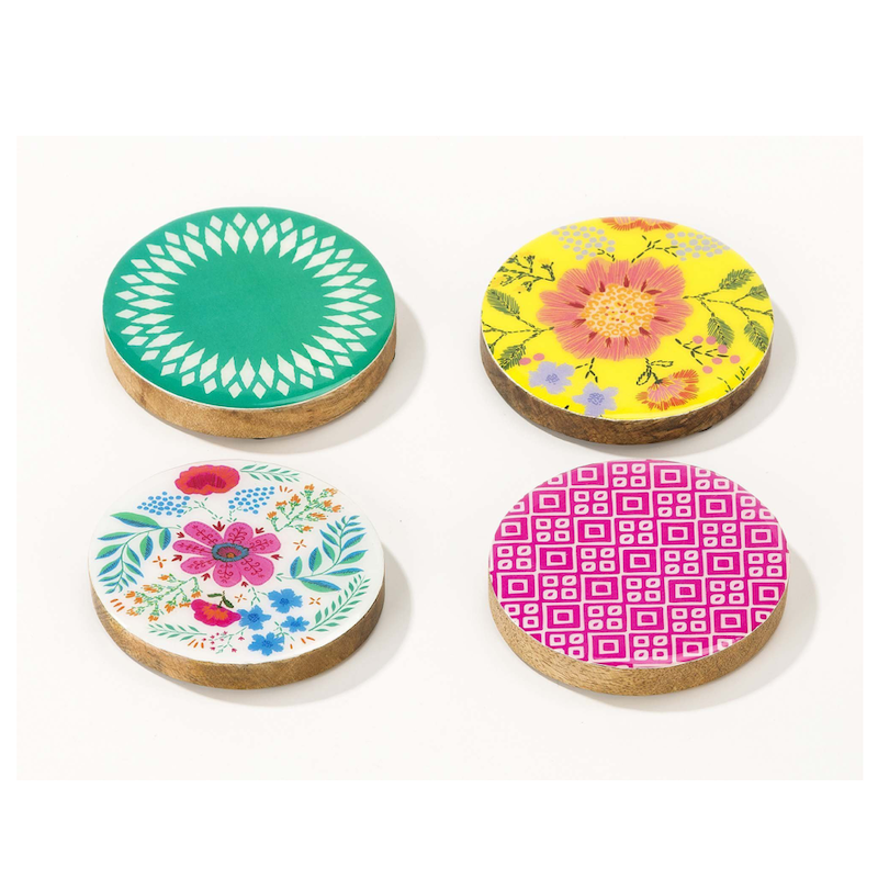 posa vasos de madera de mango estampado estilo fiesta mejicana